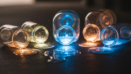 Multiple glass jars spilling colorful glowing lights on a dark surface viewed from a slight angle