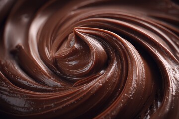 Creamy chocolate spread swirls in a close-up view showing texture and shine in a kitchen setting