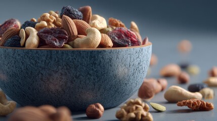 Bowl of mixed nuts and dried fruits on a table surrounded by scattered snacks in natural light