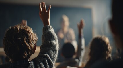 Students raise hands in classroom during lesson with teacher standing in front discussing topics