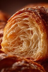 Freshly baked croissant details showing flaky layers and texture in a bakery
