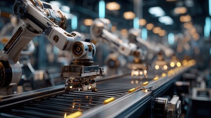 Fototapeta premium Robots work on a production line in a factory during the day, assembling products and moving items along the conveyor belt