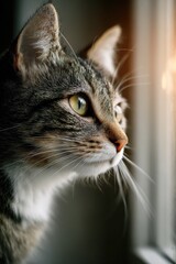 Cat looks outside through a window during the afternoon light in a cozy room