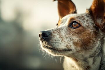 Dog gazes thoughtfully outdoors on a warm afternoon with a blurred background of nature