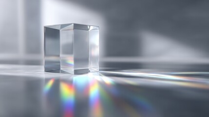 Light refracts through clear prism creating colorful reflections on a smooth surface during bright daylight hours