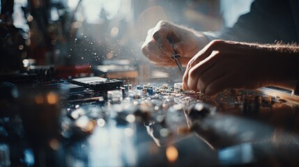 Skilled hands work on electronic components in a workshop during daylight hours