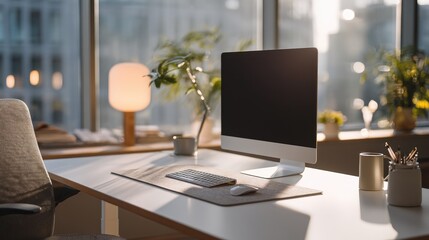 Modern workspace with computer and plants in bright room with large windows during daytime