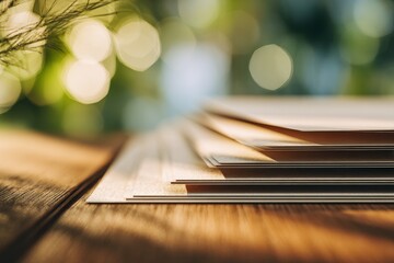 Stacked sheets of paper on wooden table with blurred background and natural light shining through trees