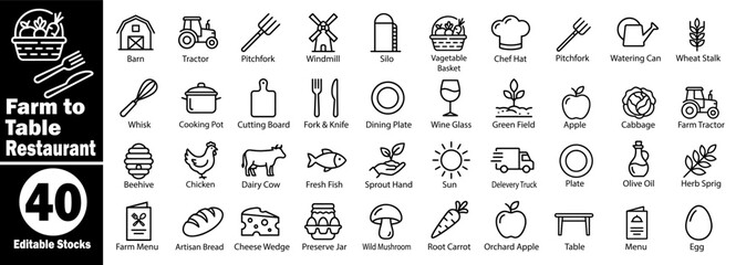 Farm-to-table restaurant fresh food production outline vector icon set. © Hafiz