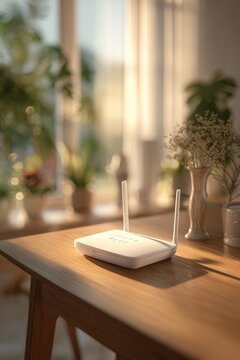 Wireless router sits on wooden table in well-lit room with plants during afternoon