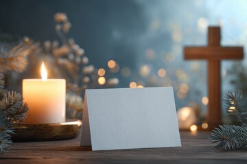 Candle flame shines beside a blank card and wooden cross with decorative pine branches in a soft light setting