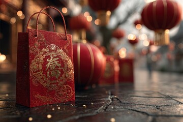 Decorative red gift bag with gold design in street with lanterns during festive time