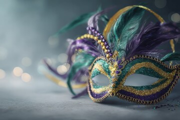 Colorful mask with feathers and glitter placed on a table during a festive gathering