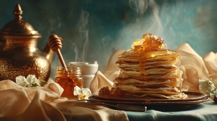 Delicious stack of pancakes with honey and flowers on a table at breakfast time