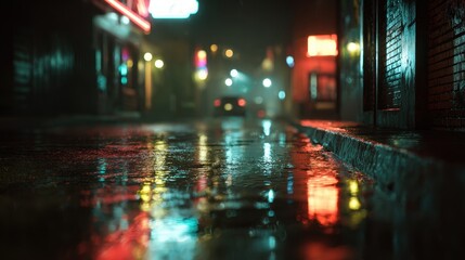 Obraz premium Nighttime street scene with wet pavement reflecting colorful lights and a distant car in a quiet urban area
