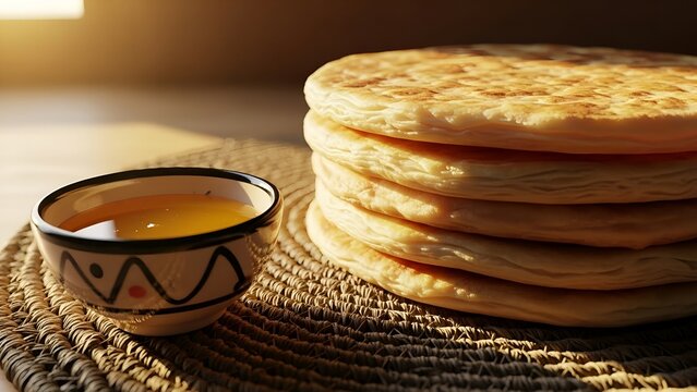 Stack of Algerian msemen flatbreads and honey on woven mat in warm sunlight