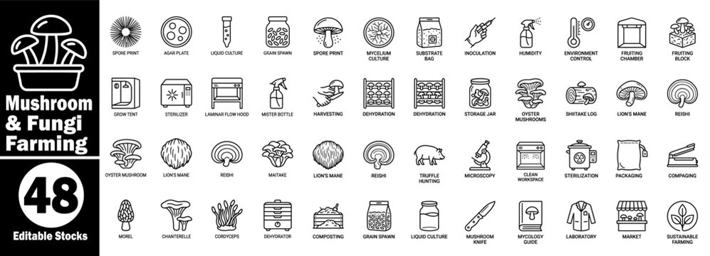 Mushroom and fungi farming line icon set, editable stroke vector Illustrator.