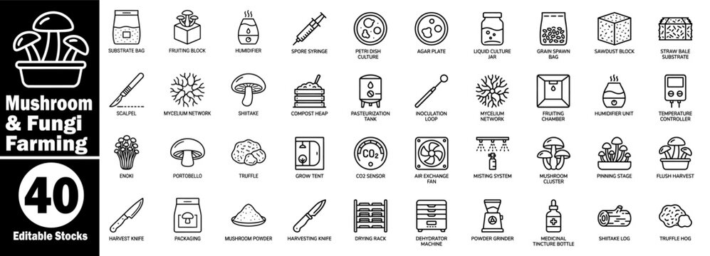 Mushroom and fungi farming tools and edible species, large linear icon collection vector Illustrator.