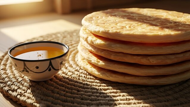 Stack of Algerian msemen flatbread and honey bowl on woven mat in warm sunlight