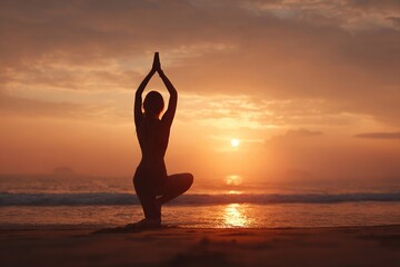 Silhouette of a woman practicing yoga on a beach at sunset, with calm waves and a scenic coastline creating a tranquil atmosphere during a serene moment of reflection