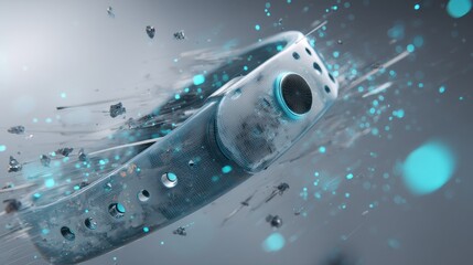 Smart fitness tracker in motion with digital effects and particles floating around