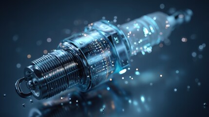 Detailed view of a spark plug with a futuristic design inside a 3D space with blue light and particles