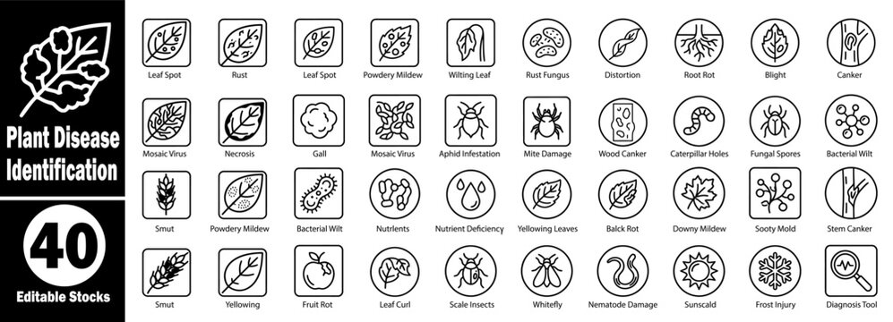 Plant disease identification icon set for agricultural research and plant pathology Vector Illustrator.