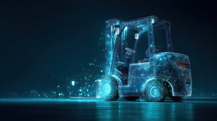 Fototapeta na wymiar 3D model of a forklift with glowing lines and particles in a dark space showing digital technology and innovation
