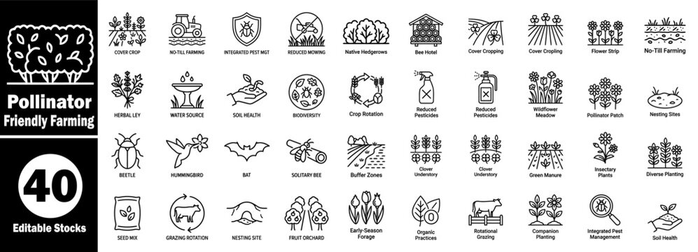 Pollinator friendly farming practices icon set for sustainable agriculture and wildlife Vector Illustrator.