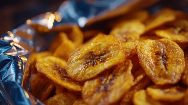 203Close-up of golden plantain chips in transparent packaging, reflective bag surface catching warm kitchen light, crisply fried texture, ready-to-eat snack for healthy lifestyle visu