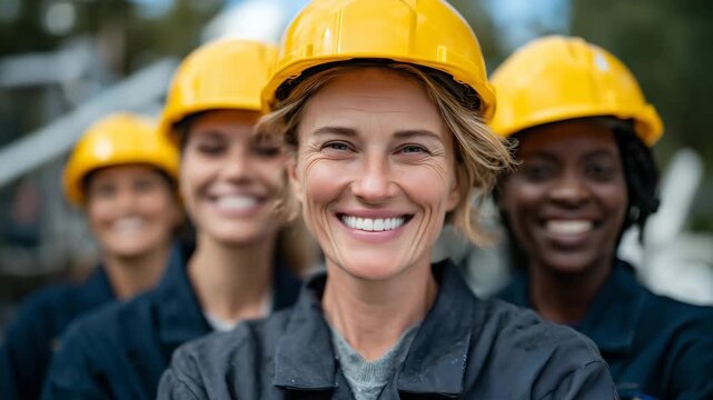 206Close-up of four diverse women wearing yellow hard hats and work clothes, standing together outdoors, smiling confidently, bright natural light, construction and earth science prof