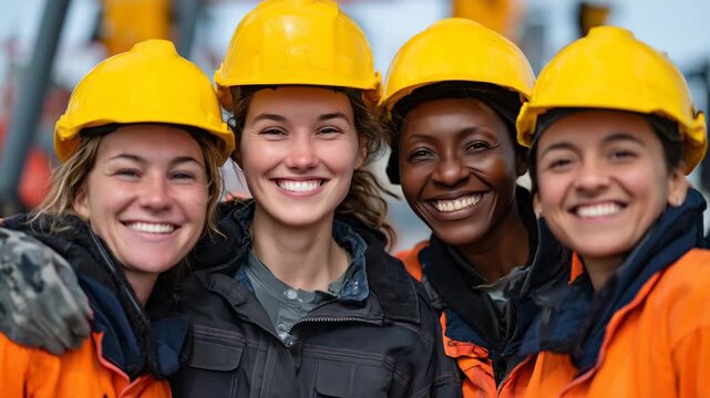 207Detailed close-up of four women in safety gear and yellow helmets, different racial backgrounds, happy expressions, sunlit outdoor construction site, teamwork and women in STEM con