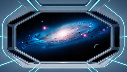 View from spaceship window shows a vibrant spiral galaxy and planets in deep space