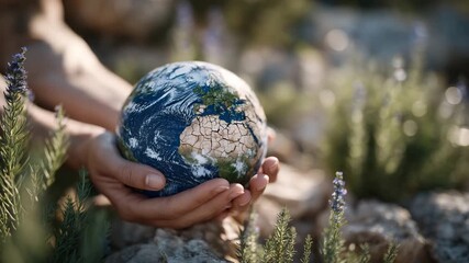 311Close-up of hands holding a small globe with a cracked dry surface, soft-focus background of blurred green plants and sunlight, climate change, global warming, and environmental aw