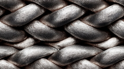 Braided silver metal cable with heavy texture and intertwined industrial steel wires. Concept of strength and reliability