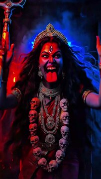 Powerful Hindu Goddess Kali Standing Over an Asura Demon. Indian Hindu Goddess Mythological Story, Cinematic and Dramatic Scene.