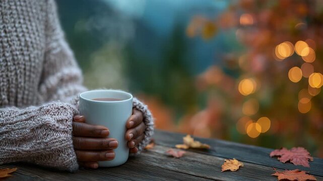 3Close-up of hands holding a steaming mug on a wooden table, autumn leaves and soft light blurred in background, seasonal cozy mood, neutral holiday concept, and warm textures, phot