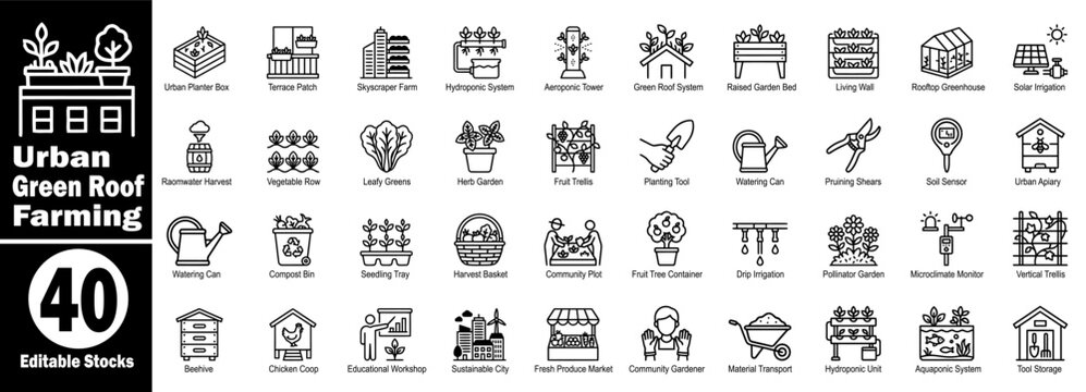 Urban green roof farming icon set collection of sustainable agriculture symbols Vector Illustrator.
