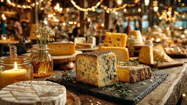 Cozy rustic cheese and wine display on festive decorated table with string lights