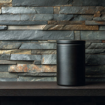 Modern Matte Black Metal Canister or Cremation Urn Displayed on a Dark Wood Shelf against an Elegant Stacked Slate Stone Wall with Natural Textures