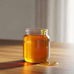 Pure Organic Amber Honey in Glass Jar with Dripping Golden Liquid on Wooden Table in Soft Sunlight