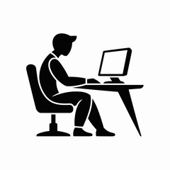 Person Using Computer at a Desk in a Minimalist Black and White Style
