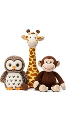 Obraz premium Adorable Plush Trio - Soft Owl, Tall Giraffe, and Smiling Monkey Toys on White Background.
