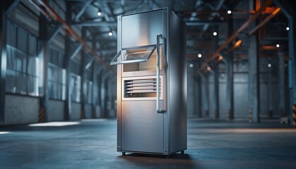Industrial refrigerator inside a warehouse with metallic surface and ambient industrial lighting, showcasing heavy-duty design, rugged texture, and realistic commercial cooling equipment.