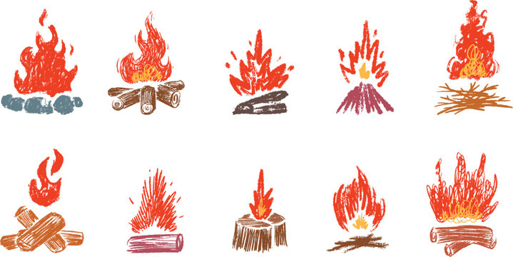 Set various outdoor campfire elements in hand drawn cartoon doodle style made from pencil, marker or chalk crayon. Scribble vector illustration background for travel children book, card.
