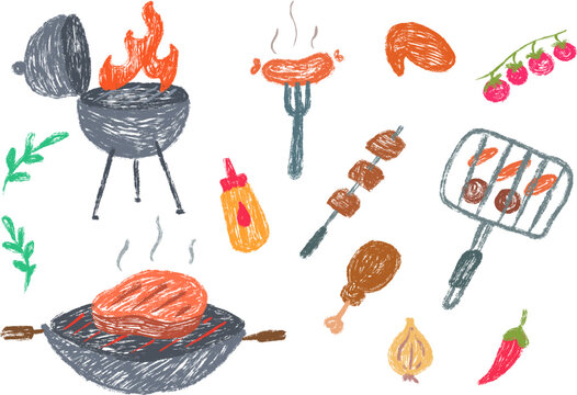 Bbq grill picnic food equipment elements in hand drawn cartoon doodle style made from pencil, marker or chalk crayon. Scribble vector illustration background for children book, card.