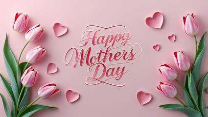Happy mothers day greeting with tulips and hearts on pink