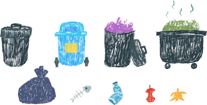 Waste sorting and containers elements in hand drawn cartoon doodle style made from pencil, marker or chalk crayon. Scribble vector illustration background for holiday children book, card, banner.