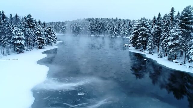 Partially frozen river with mist, flanked by snow-laden coniferous forests, winter scenery