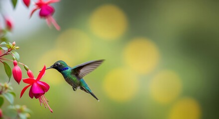 Obraz premium Vibrant Hummingbird Hovering Near Bright Pink Flowers in Soft Blurred Background